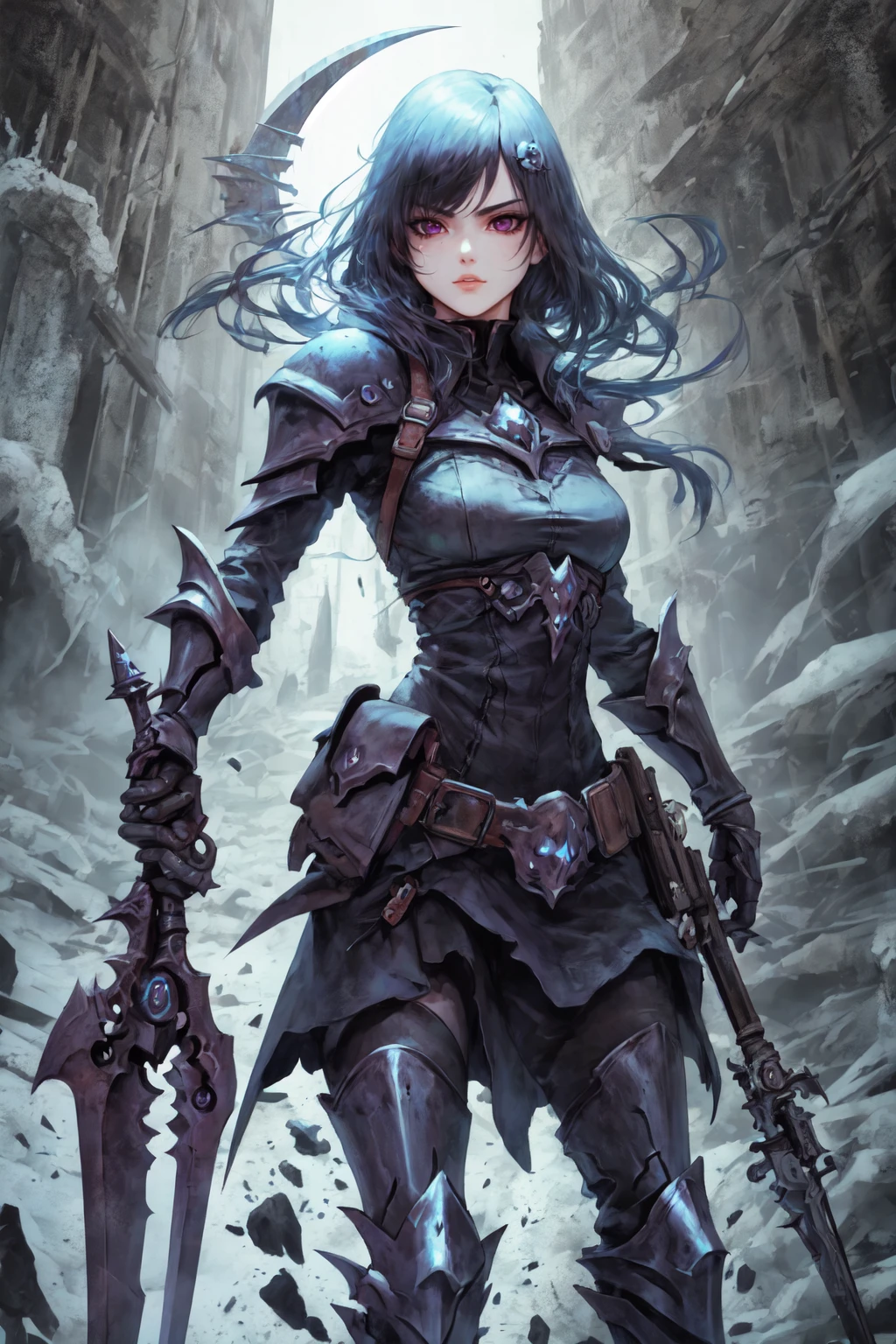 best quality, masterpiece, ultra high res, photorealistic, 1girl,death,reaper,weapon