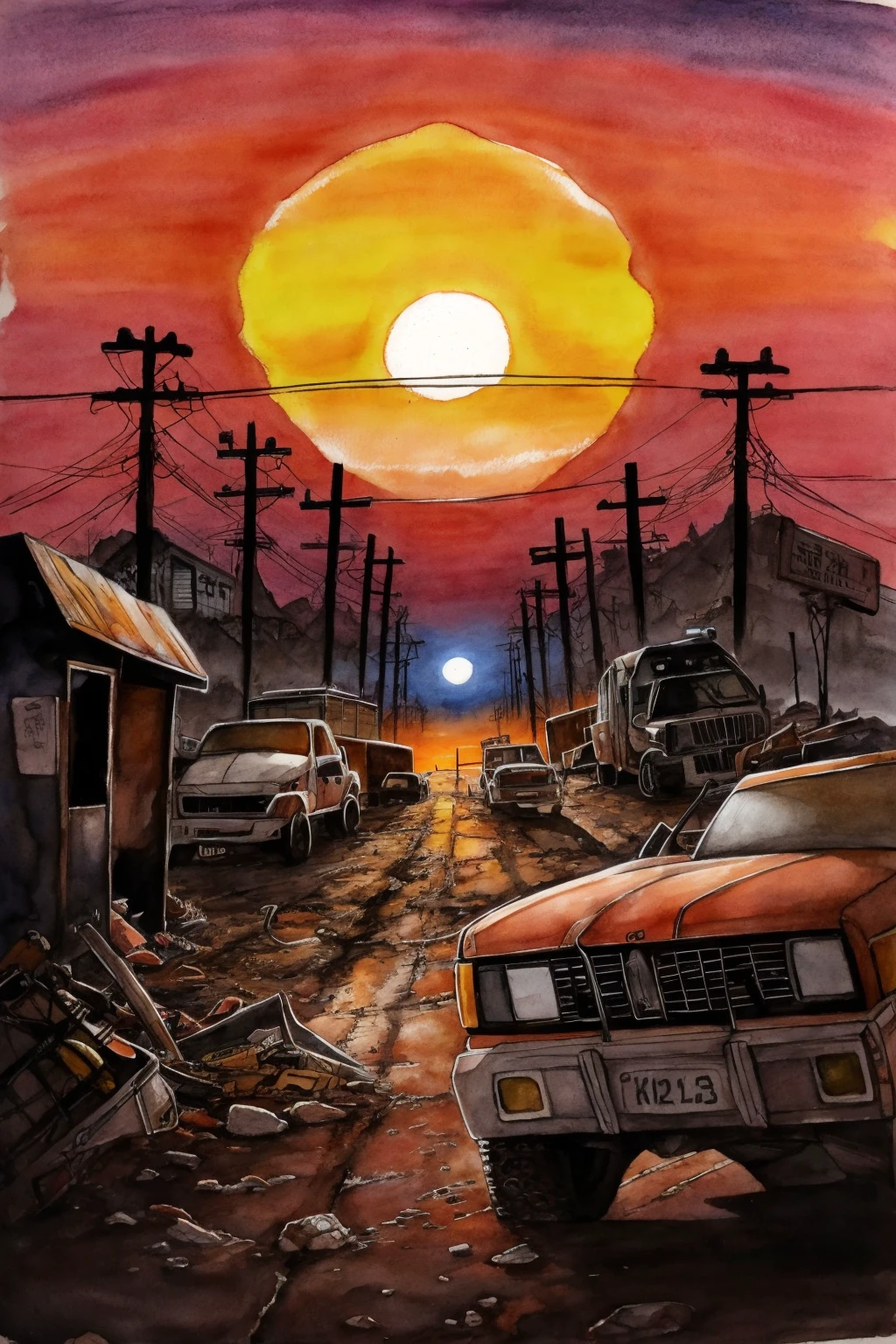 post-apocalyptic sunset at the end of the world of the new dawn aquarelle drawing