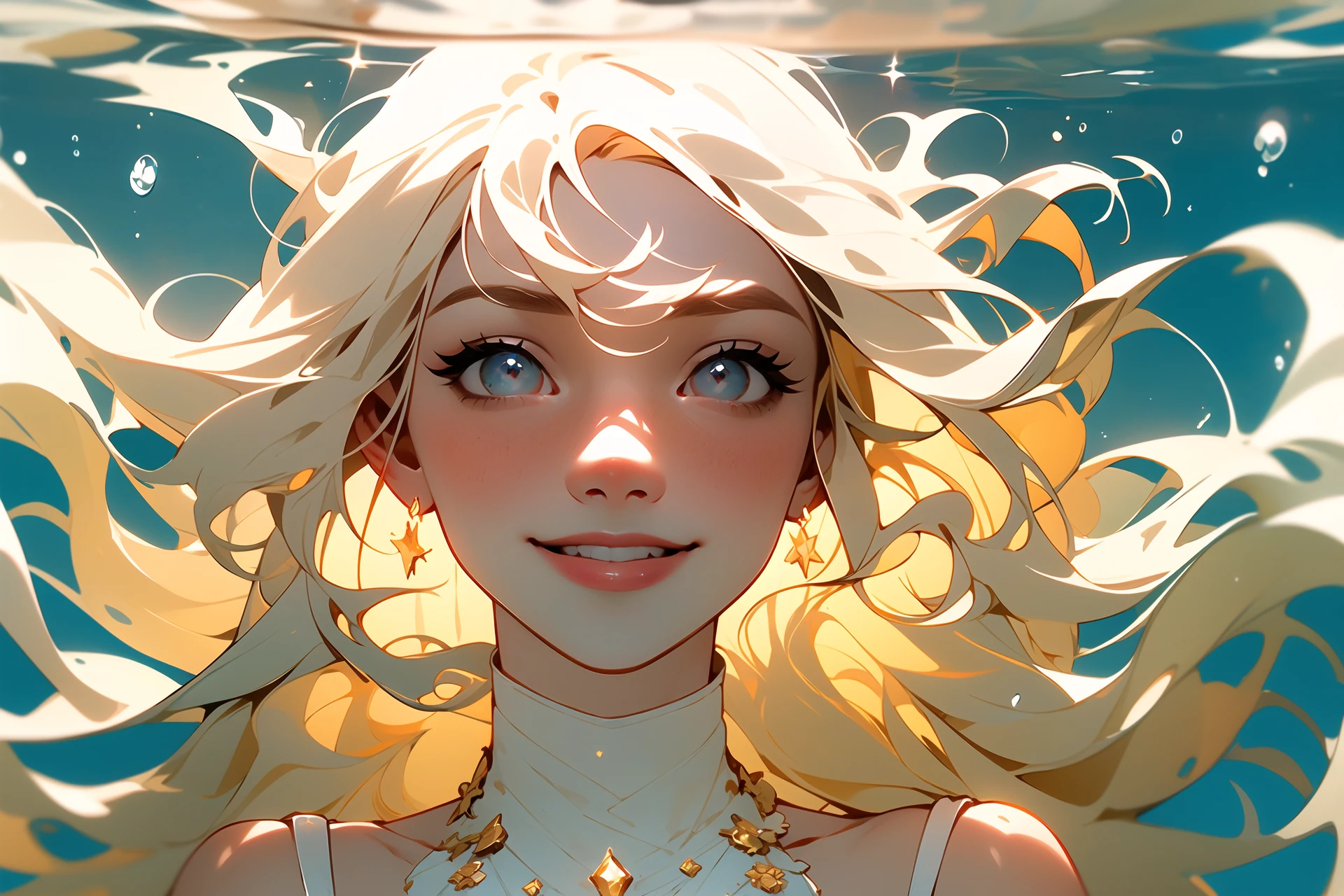((best quality)),((masterpiece)),realistic,((flat color)),1girl,glowing,light particles,(underwater),looking at viewer,smile,jewelryclosed eyes,white hair,solo,((bubble)),long hair,air bubble,sunlight,swimming,(white dress),Pretty face,((White skin)),sparkle,shiny hair,transparent,shiny,(light rays),spaghetti strap,