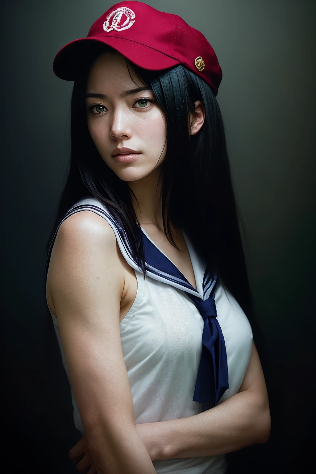 capitals girlwith a sailor red cap,red and black color clothes anime key visual full body portrait character concept art, commander with flowing brunette hair green eyes,long straight black hair, brutalist grimdark fantasy, kuudere noble dictator, trending pixiv fanbox, rule of thirds golden ratio, by greg rutkowski wlop makoto shinkai takashi takeuchi studio ghibli jamie wyeth,bw, (natural skin texture, hyperrealism, soft light, sharp) <lora:tangbohu_blurbg:2> <lora:FujiVelvia50:1>