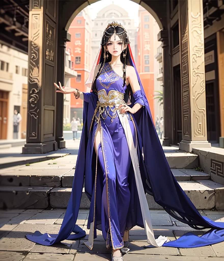 shiny skin best quality, masterpiece,
1girl, solo, long hair, black hair, jewelry, standing, earing, bowhair
masterpiece, best quality,1girl , looking at viewer, full body,
ancient building background, china goddess, veil
<lora:China_goddess-000008:0.5>