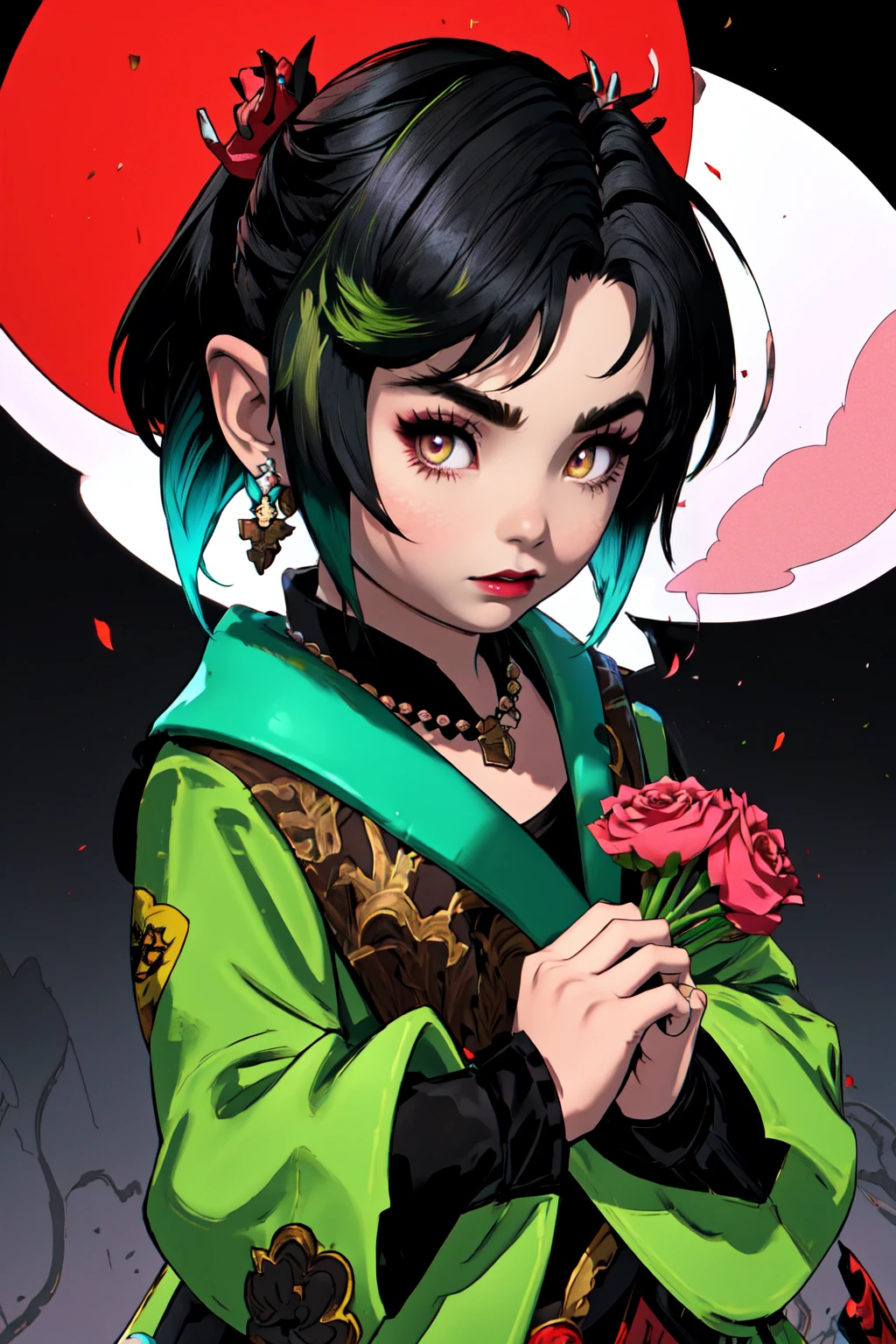 LalaTater, Niji Slime, Contrast Pop Art, cel shading, Anime style, chibi, 1girl, solo, looking at viewer, black hair, green hair, flames, subsurface scatterting, (zentangle:0.2), specular highlights, smoke, embers, hair ornament, long sleeves, horror, poltergeist vibes, neon colors, muilticolored hair, two-tone hair, dress, large breasts, holding, brown eyes, jewelry, upper body, flower, earrings, hair flower, wide sleeves, necklace, petals, makeup, rose, chinese clothes, lipstick, black background, red flower, gem, holding flower, red lips<lora:LalaTater_LoRa:0.8> <lora:Niji_Slime:0.5> <lora:Contrastv2:0.2>