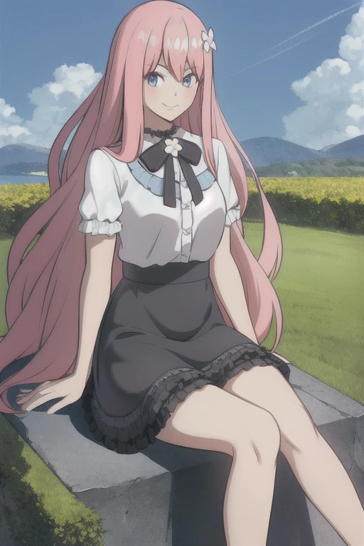 <lora:LuvV1:.65>,1girl, black skirt, blue eyes, blue sky, bow, crossed legs, day, flower, frills, hair ornament, long hair,  pink hair, sitting, skirt,smile, solo, very long hair, scenic,