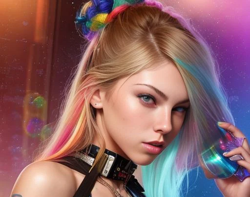 swpunk style synthwavedrunken beautiful anjelikaV2 as delirium from sandman, (hallucinating colorful soap bubbles), by jeremy mann, by sandra chevrier, by dave mckean and richard avedon and maciej kuciara, punk rock, tank girl, high detailed, 8k