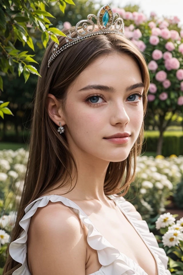 portrait of girl, princess with tiara,frilled dress, bronde hair,realistic skin,beautiful face, eyes on the camera,garden, professional lighting