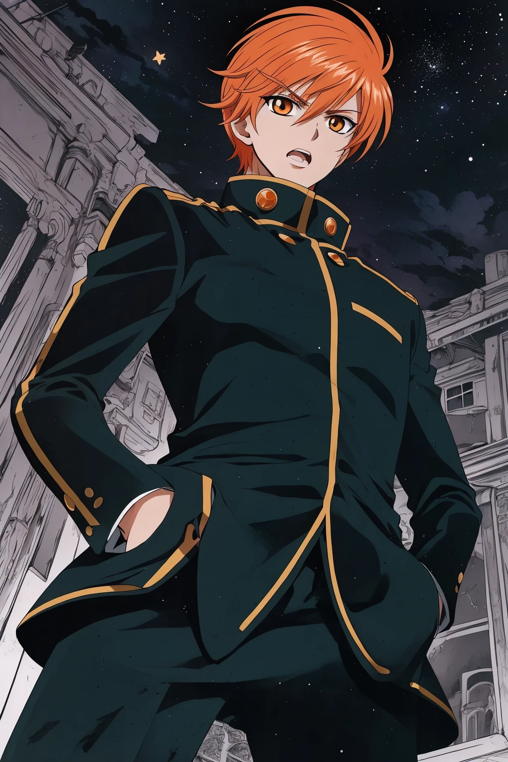 <lora:TENMA:0.8>, (Masterpiece, Best Quality:1.3), (thick lineart), (faux traditional media), highres, official art, best illustration, (8k resolution), (tenma), (from below:1.3), (male focus:1.4), solo, cowboy shot, manly:0.5, (orange hair:1.2), angry, open mouth, looking down, standing, serious, green theme, (gakuran:1.2), stylish, intricate, wind lift, fantastic, fairytale, fantasy art, (detailed face), (detailed eyes, looking at viewer), (hands in pockets:1.1), ((depth of field)), silhouette, perfect, (details:1.2), <various colors, vivid, colorful, shiny, sky, stars, lumen global illumination, graphite \(medium\), [bokeh], night, soft lighting, (((dark theme))),  <lora:LowRAv2:0.4>