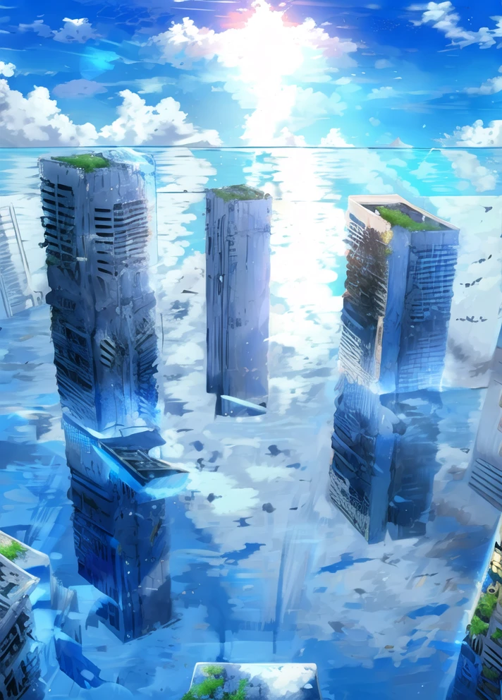 ocean,building,city,concrete,ruins,masterpiece,best quality,ultra-detailed, ray tracing,perfect lighting,reflection, outdoors,blue sky, <lora:Submerged ruins-v1:1>, <lora:flat2:-0.5>