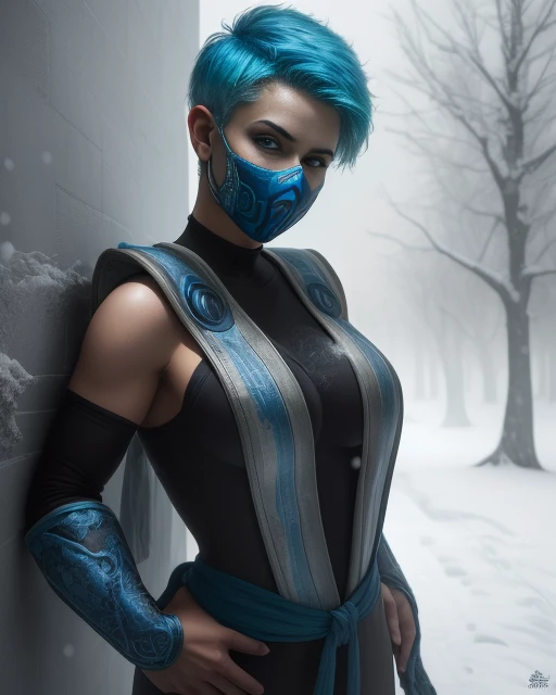 Frost, blue hair, pixie cut, blue eyes, solo, upper body, standing, close up, hands on hip,
FroNin, mask,
dojo, snow, front of wall,
(insanely detailed, beautiful detailed face, masterpiece, best quality) <lora:Frost:0.7>