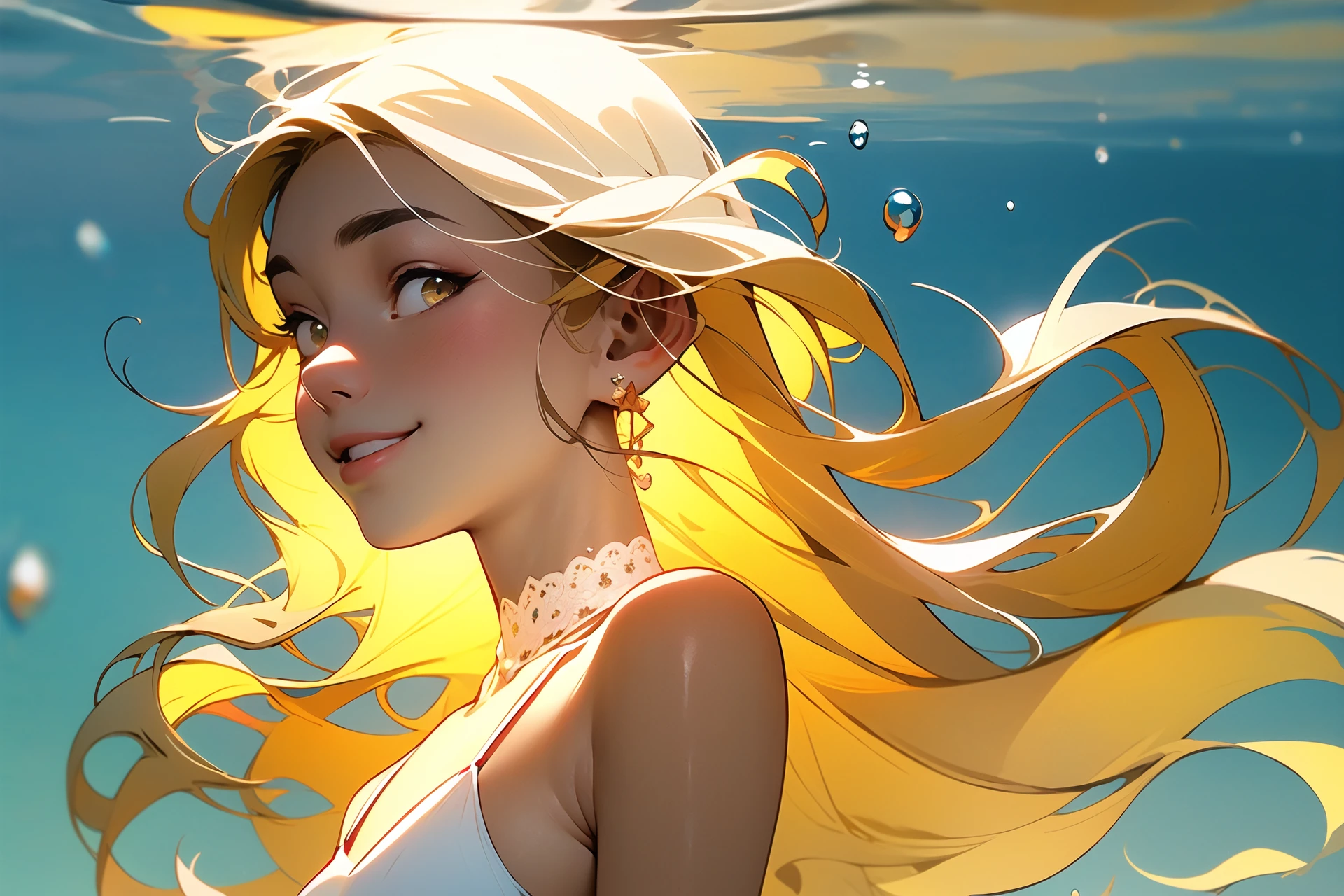 ((best quality)),((masterpiece)),realistic,((flat color)),(yellow theme, )1girl,bust chart,glowing,light particles,(underwater),looking at viewer,smile,jewelryclosed eyes,white hair,solo,((bubble)),long hair,air bubble,sunlight,swimming,(white dress),Pretty face,((((White skin)))),sparkle,shiny hair,transparent,shiny,(light rays),spaghetti strap,