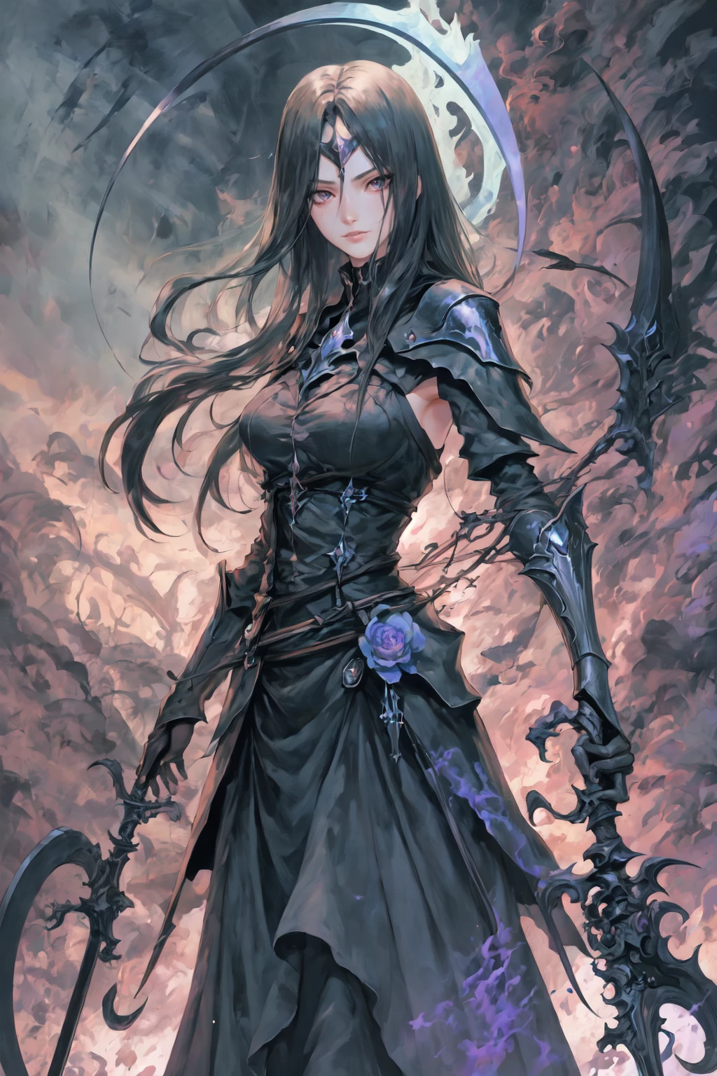 best quality, masterpiece, ultra high res, photorealistic, 1girl,death,reaper,weapon, scythe, gossamer, gouache, painterly