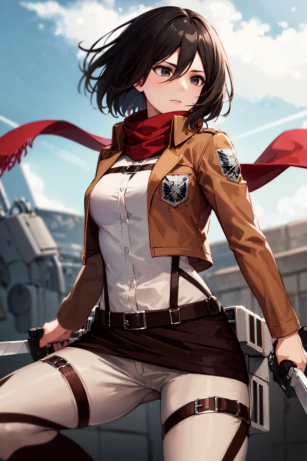 masterpiece, best quality, highres, hmmikasa, short hair, black eyes, scarf, emblem, belt, thigh strap, red scarf, white pants, brown jacket, long sleeves, <lora:mikasa_ackerman_v1:0.7>, holding weapon, sword, dual wielding, three-dimensional maneuver gear, fighting stance, sky,