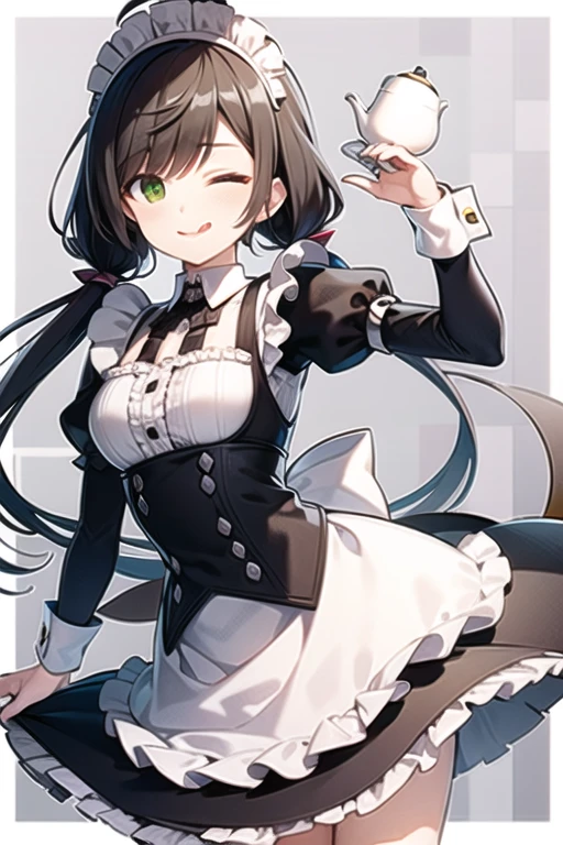 <lora:Ain-05:0.5> , ain, long hair, looking at viewer, smile, black hair, long sleeves, dress, ribbon, holding, twintails, closed mouth, green eyes, ahoge, grey hair, sidelocks, cowboy shot, frills, parted lips, one eye closed, tongue, striped, puffy sleeves, hand up, tongue out, apron, black dress, maid, maid headdress, frilled dress, juliet sleeves, otoko no ko, white apron, maid apron, frilled apron, teapot, checkered background