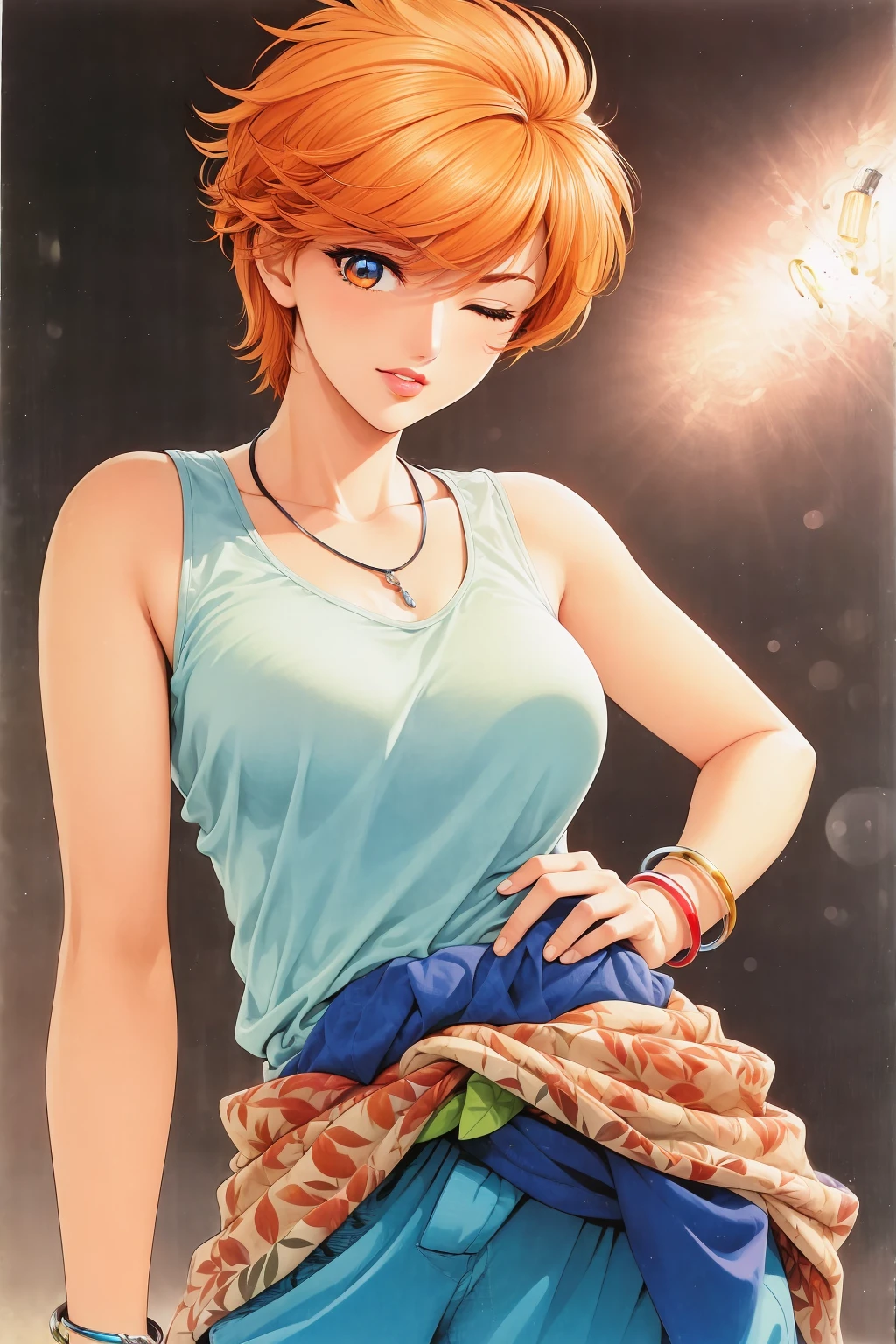 (Masterpiece, Best Quality:1.3), absurdres, (8k resolution), (Traditional Media:1.2), retro artstyle, Manga, illustration, (centered),  dynamic pose, <lora:TENMA:0.6>, tenma, (solo), cowboy shot, from side, (contrapposto:1.1), looking at viewer, wink, one eye closed, beautiful, lipstick, long hair, ((1girl)), female, seductive pose, necklace, tank top, large breasts, bangle, standing, nightclub, stage lights, colorful, multicolored theme, (clothes around waist, capri pants:1.3), orange hair, orange eyes, (detailed face, detailed eyes:1.2), parted lips, sneakers, wind lift, sharp focus, (details:1.2), (depth of field), high quality, dynamic, graphite \(medium\), watercolor \(medium\)