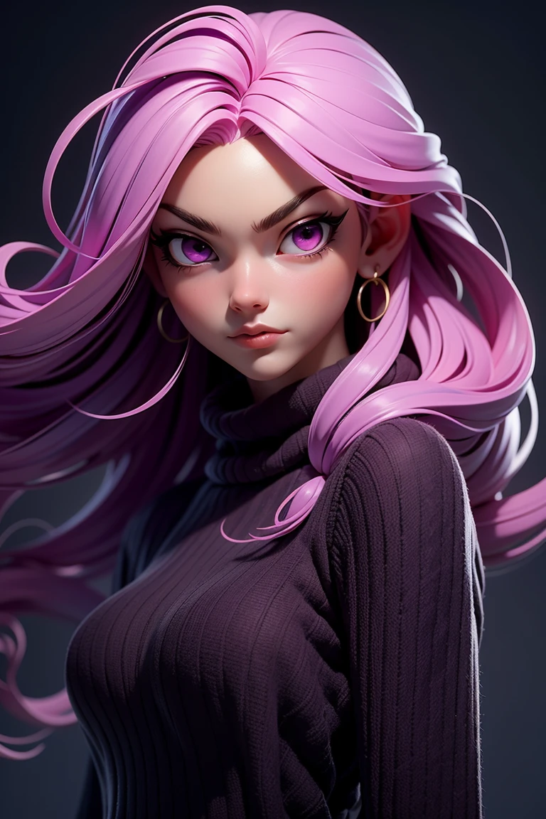 3dmm style,(masterpiece, top quality, best quality, official art, beautiful and aesthetic:1.2), (fractal art:1.3), 1girl, beautiful, high detailed, purple hair with a hint of pink, pink eyes, dark lighting, serious face, looking the sky, sky, medium shot, black sweater, jewelry