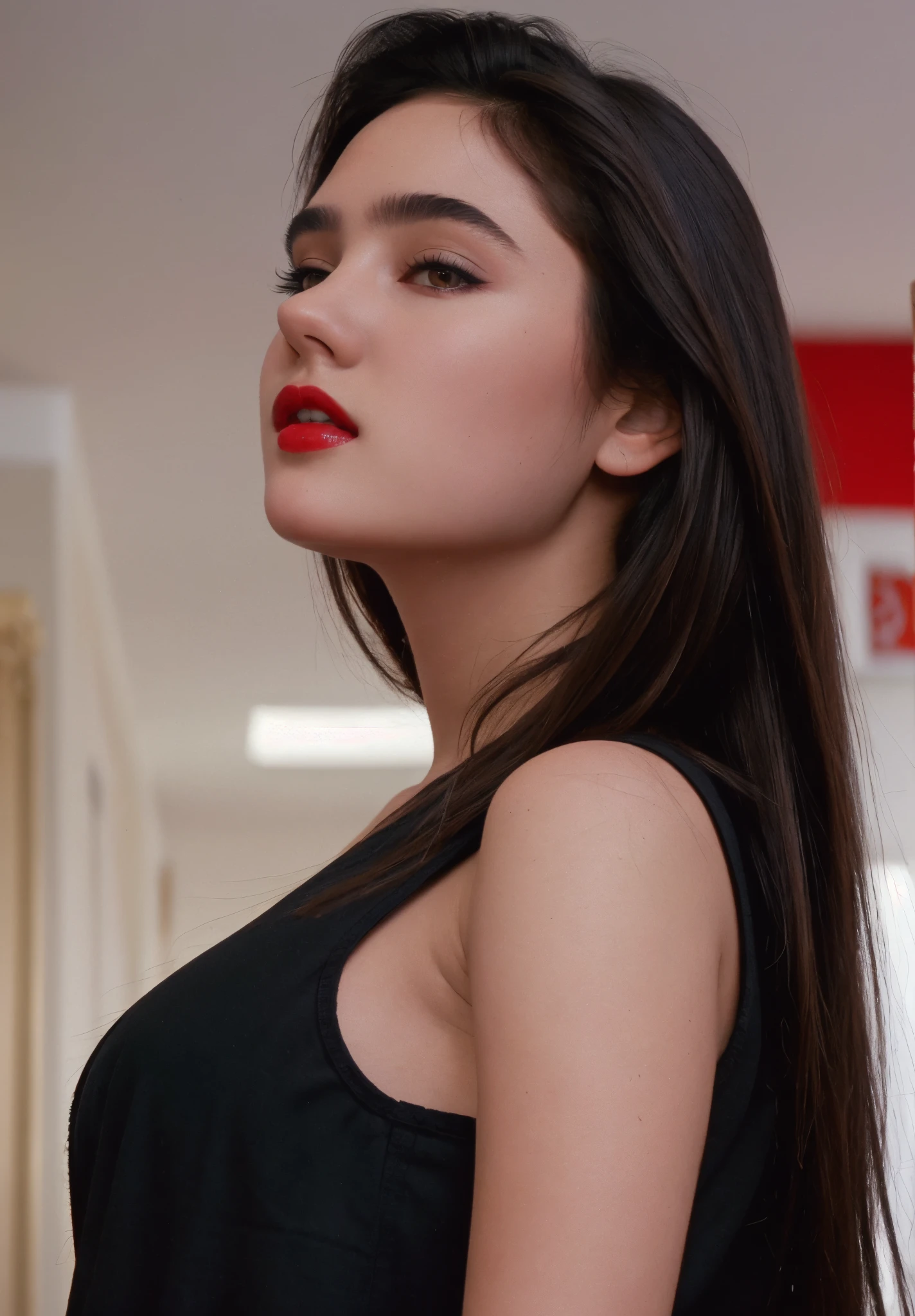 real, photoshoot, realistic, perspective, luminescent, bright colors, illusion, atmospheric scene, masterpiece, best quality, (detailed beautiful face, detail skin texture, ultra-detailed body:1.1),
<lyco:jenniferconnelly_co_lycoris_01-000005:0.9>, jenniferconnelly-co-smf, 1girl, solo, long hair, realistic, profile, indoors, blurry, upper body, blurry background, breasts, from side, red lips, black hair, black shirt