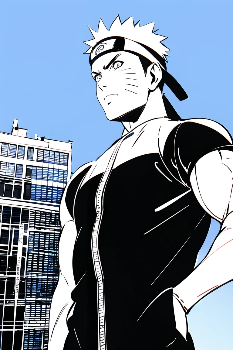 1boy ,solo, detailed eyes, masculine face, urban area , modern building , sunglasses, vast blue sky, clouds, morning, sunny, muscular male, detailed background, <lora:Naruto:0.7> uzumaki naruto, masterpiece, realistic, ilyast3, <lora:IlyakuvshinovArtistST3-25:0.8>,monochrome,