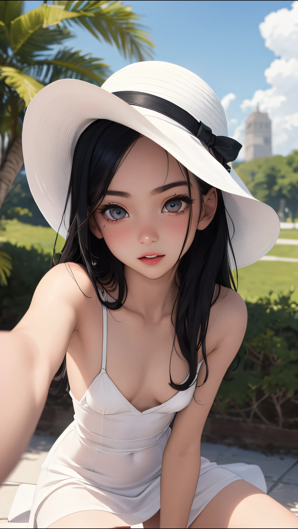 (best quality, masterpiece, perfect face) black hair, 18 years old pale girl, medium tits, white sundress, big white hat