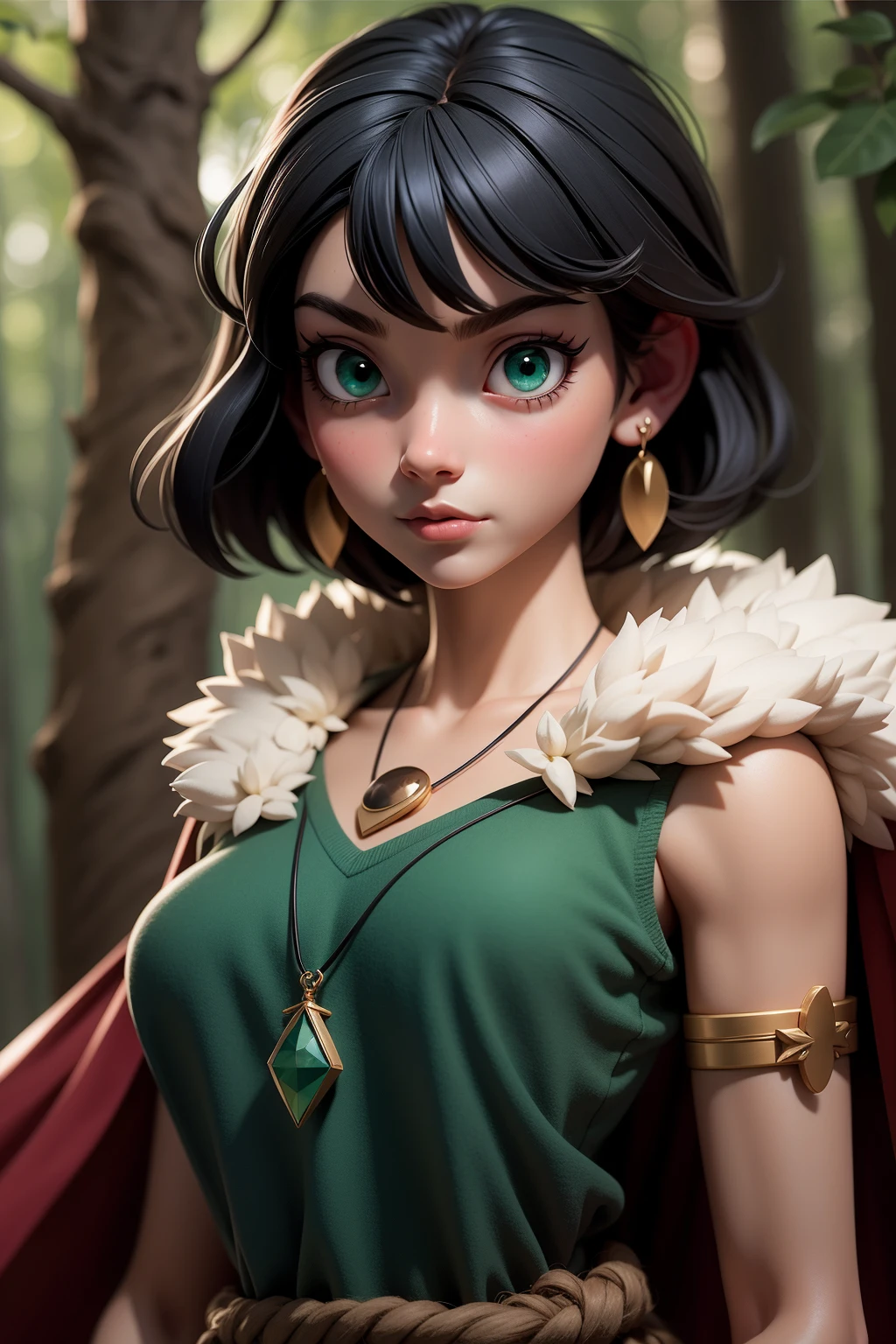 mj3d style,3dmm,3d,(masterpiece, best quality:1.1), ghibli style, san \(mononoke hime\), 1girl, armlet, bangs, black hair, black undershirt, breasts, cape, circlet, earrings, facepaint, floating hair, forest, fur cape, green eyes, jewelry, looking at viewer, medium breasts, nature, necklace, outdoors, parted bangs, shirt, short hair, sleeveless, sleeveless shirt, solo, tooth necklace, tree, upper body, white shirt