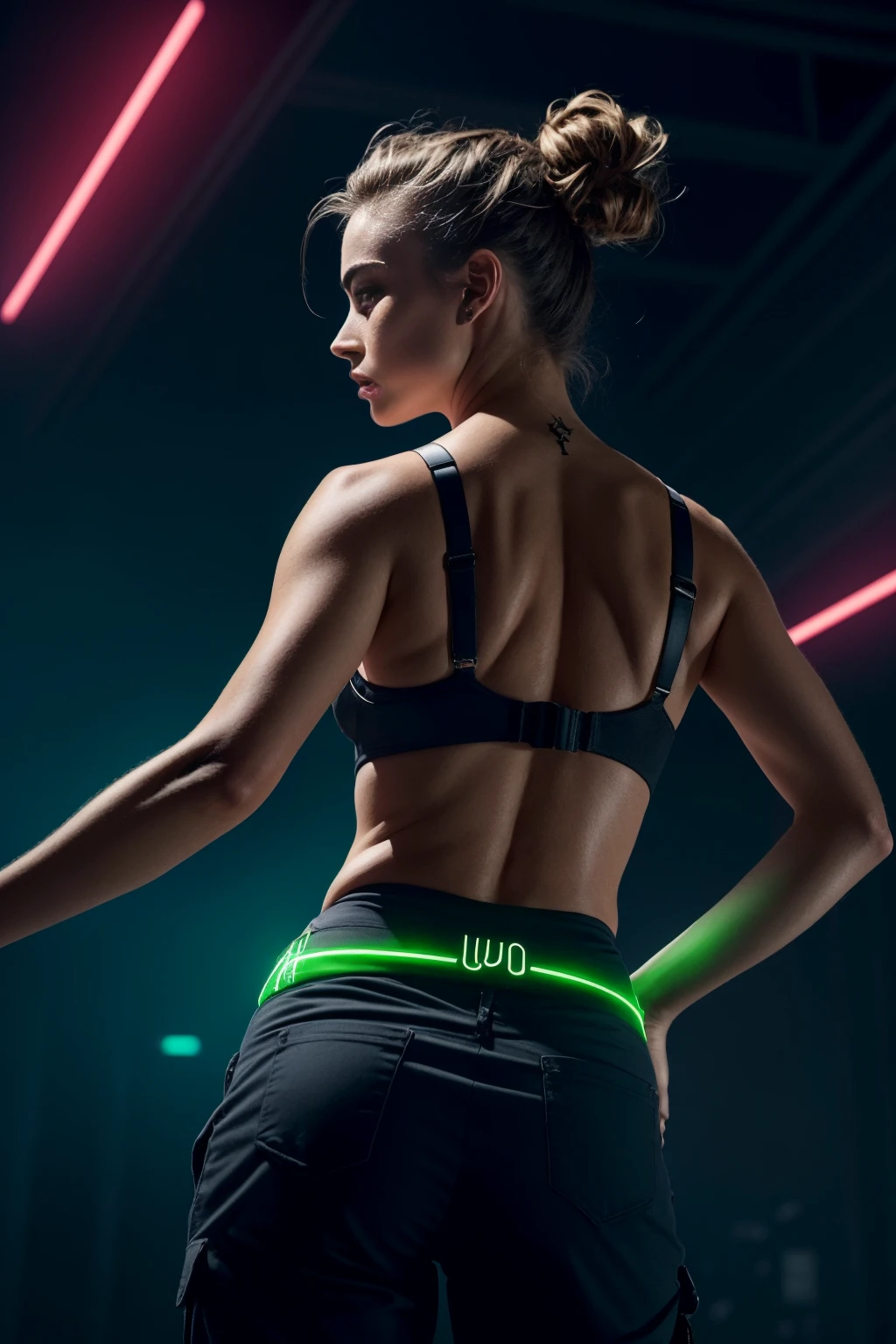 A digital painting of a powerful warlock, (bent over)++, back shot, (arms behind her back)+++, surrounded by an electric atmosphere and illuminated with a green neon glow, cara delevingne, hyperrealistic, intricate, sharp focus, cinematic lighting, 8K UHD, art by argerm and greg rutkowski, magical aura, dark background, (magic runes)++, detailed shadows, (perfectly drawn hands)+++, (hand model)++ <lora:Elixir:1>