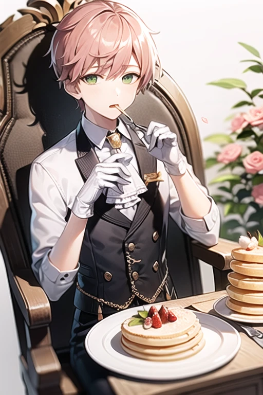 <lora:Ain-05:0.5> , ain, looking at viewer, shirt, gloves, 1boy, white background, holding, green eyes, pink hair, flower, male focus, food, white gloves, petals, ascot, fruit, rose, chair, eating, table, white jacket, red flower, pink flower, plate, cake, red rose, strawberry, fork, pink rose, holding fork, pancake