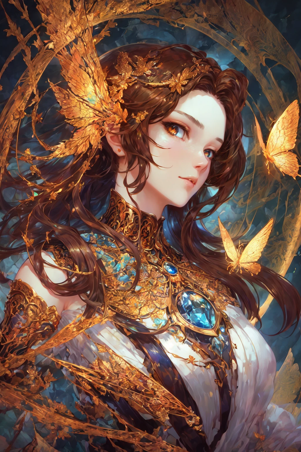 8k portrait of beautiful cyborg with brown hair, intricate, elegant, highly detailed, majestic, digital photography, art by artgerm and ruan jia and greg rutkowski surreal painting gold butterfly filigree, broken glass, (masterpiece, sidelighting, finely detailed beautiful eyes: 1.2), hdr, Prompt yoinked from Dreamshaper 6, please support Lykon <3