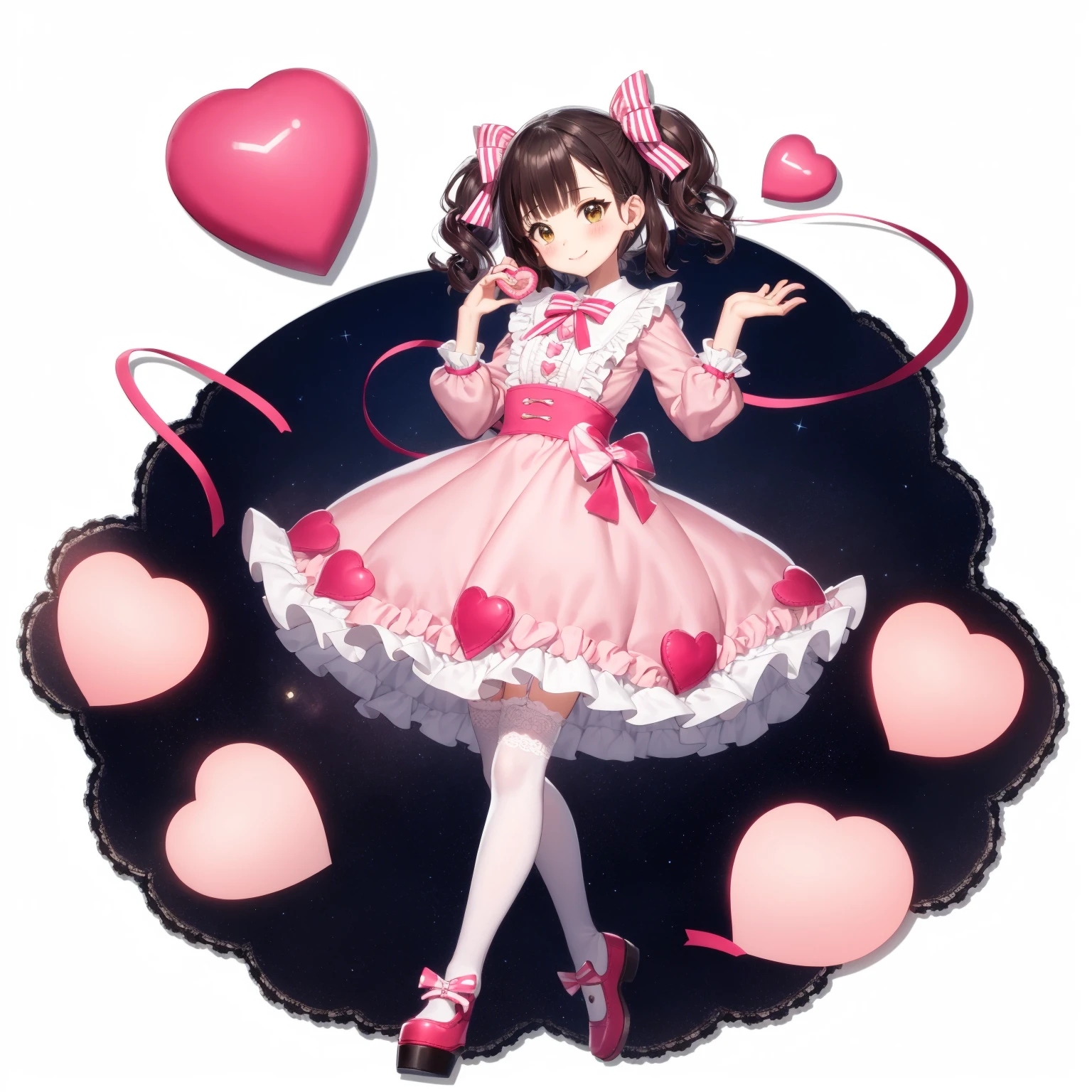 [(white background:1.15), ::2]1girl, solo, mid shot, full body,
<lora:GachaSplashAlter:1> <lora::1>
\(Style\):kawaii style,
\(Composition\):\1girl,
\(Appearance\): Consistency, naughty face, smile, wavy hair, dark hair, crimson eye,
\(Clothing\): platform footwear, kawaii loafers, (Clothes with lots of frills, lace and ribbons:1.2), (thighhighs:1.3), (pastel color style:1.1), hand on hip, cheeky face, white and pink clothes, white and pink shoes,
\(Behavior\):,
\(Location\): (surround,heart-shaped gem, starry heart),
\(Quality\): best quality, masterpiece,