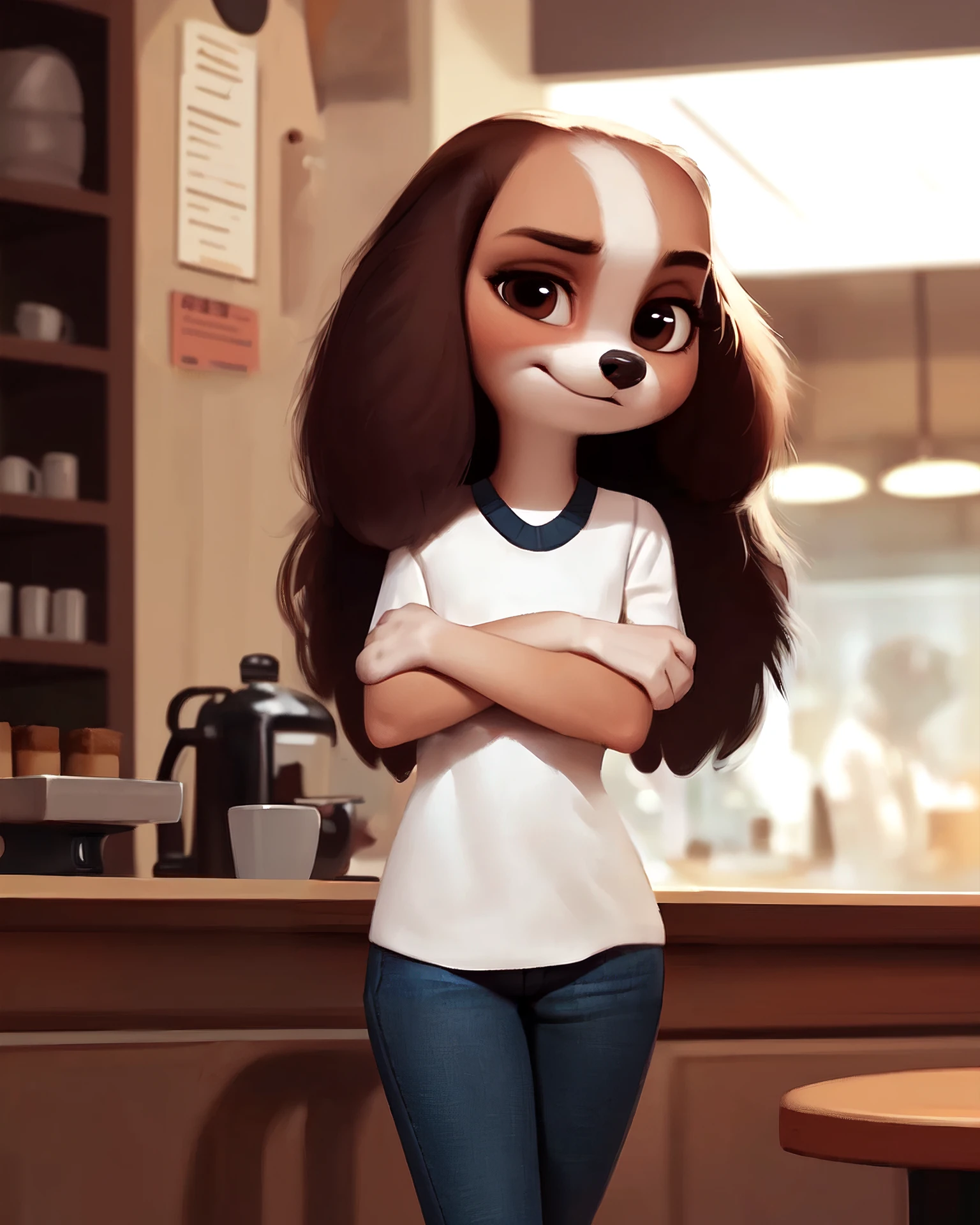 (by qupostuv35:1.0), female ((anthro, humanoid)), [(thin:1.1) : small petite : (spaniel:1.2):4], (Detailed face), (anthropomorphic legs, anthropomorphic hands:1.1), (solo), works in a cafe, (crosses his arms), ((smirk))