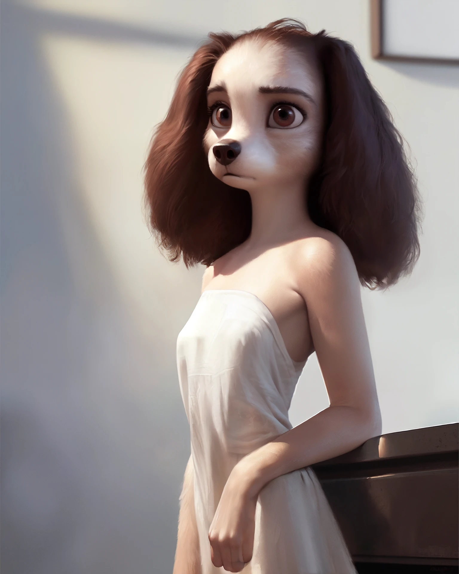 (by qupostuv35:1.2), (photorealistic painting art, professional photo, 4k:1.2), female ((anthro, humanoid)), [(thin:1.1) : small petite : (spaniel:1.2):4], (Detailed face), (anthropomorphic legs, anthropomorphic hands:1.1), (solo), ((serious)), naked, ((sunlight)), (portrait:1.3),