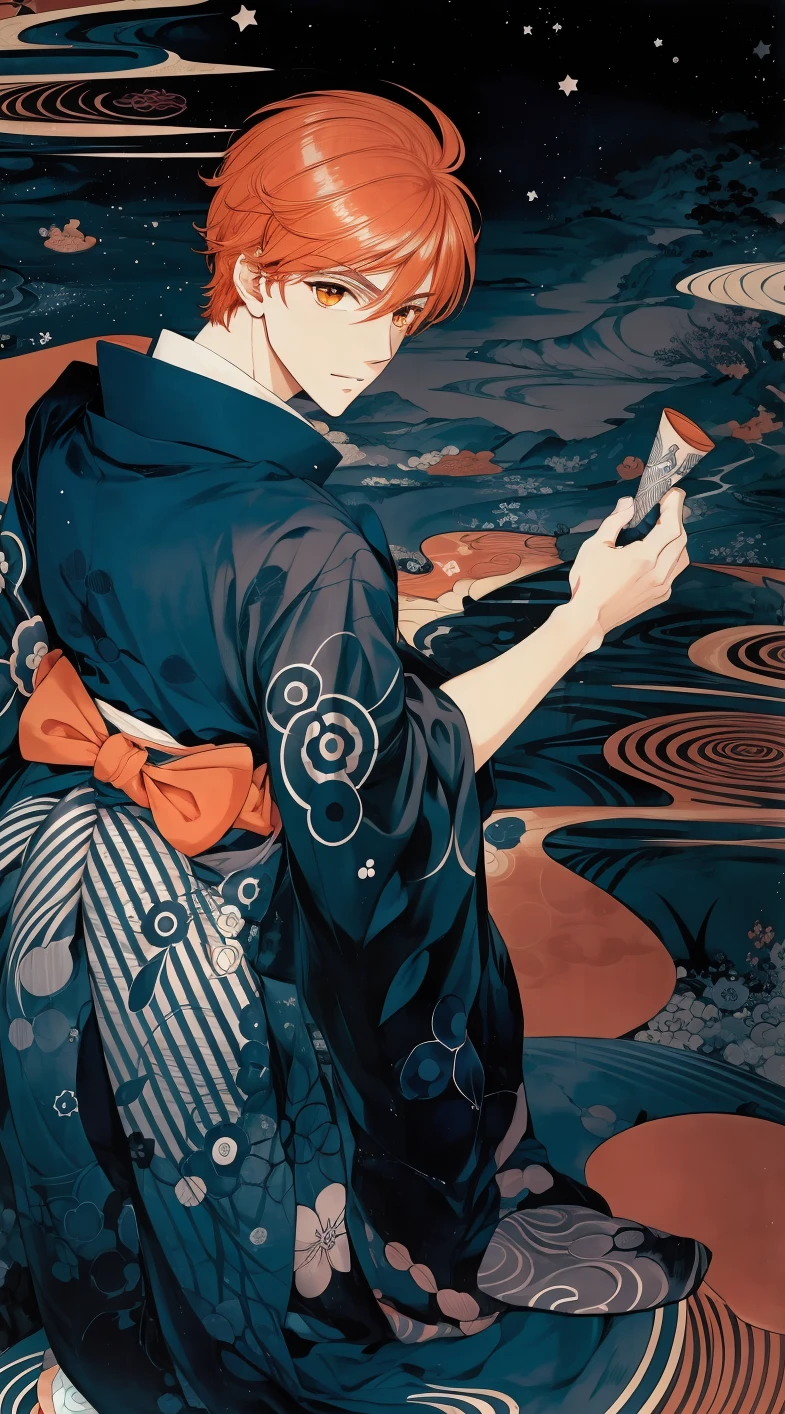 <lora:TENMA:0.8>, (Masterpiece, Best Quality:1.3), (thick lineart), (faux traditional media), highres, official art, best illustration, (8k resolution), (tenma), (from above:1.3), (male focus:1.4), solo, cowboy shot, manly:0.5, (orange hair:1.2), japanese clothes,  haori, full body, standing,  from behind, looking back, serious, stylish, intricate, fantastic, fairytale, fantasy art, (detailed face), (detailed eyes, looking at viewer), parted lips, ((depth of field)), silhouette, perfect, (details:1.2), <lora:OiranV3:0.2>, various colors, vivid, colorful, shiny, sky, stars, lumen global illumination, (background in the style of Hokusai Katsushika:1.3), water, ripples , [bokeh], ((sunset:1.1)), sleepy, soft lighting, (((dark theme))),  <lora:LowRAv2:0.4>