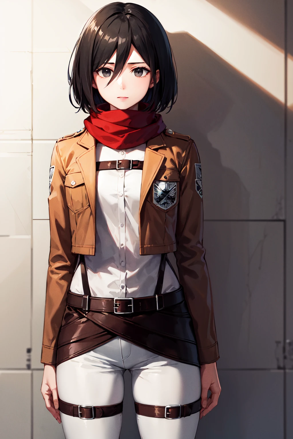 masterpiece, best quality, highres, hmmikasa, short hair, black eyes, scarf, emblem, belt, thigh strap, red scarf, white pants, brown jacket, long sleeves, <lora:mikasa_ackerman_v1:0.7>, cowboy shot, standing