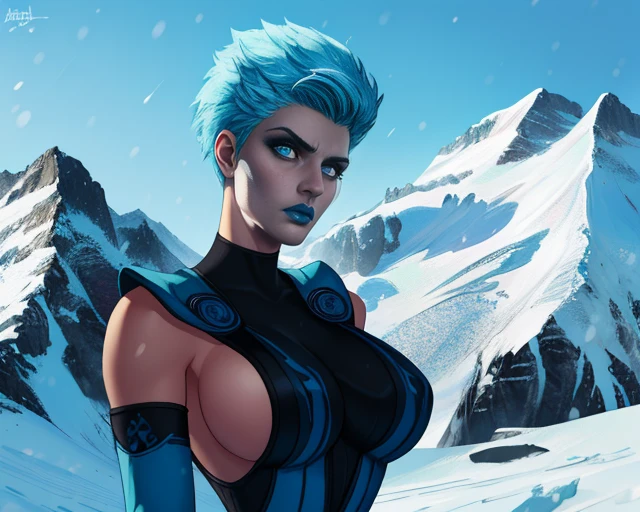 Frost, short blue hair, blue lips, blue eyes,  solo, standing, ((upper body)),  serious expression,  hands on hips, frontal,  close up, 
FroNin, fingerless elbow gloves, sideboob ,bodysuit ,thighhighs, black footwear, heels, pelvic curtain ,
snow dojo, mountains, ice,
(insanely detailed, beautiful detailed face, masterpiece, best quality)  <lora:Frost:0.8>