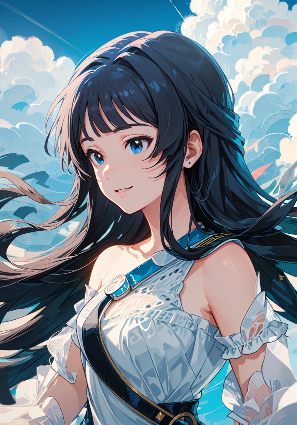 shizuka mogami (million live),
(best quality, 8K, masterpiece, ultra detailed:1.2), detailed gabkround,
1girl,solo,collarbone,black hair, long hair, blue eyes, blunt bangs, sidelocks, hime cut, blunt ends,
still, floating in the sky, cloud girl, cloud, (close-up:1.1), bright, happy, fun, soft lighting, (Bauhaus, shapes, lines, abstract:1.1)
white one-piece dress, see-through, upper body, straight-on,