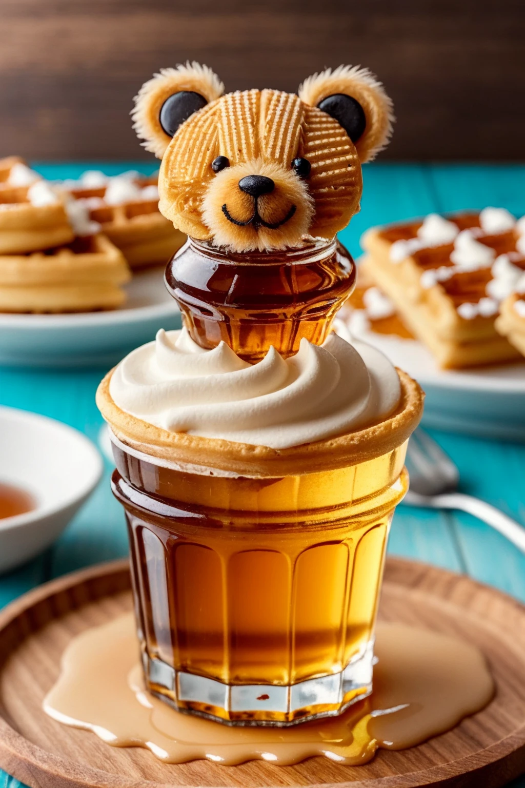 A sharp focus photo of an adorable Waffle Bear syrup, 8k, 4k, adorable, cute, children's illustration,<lora:Elixir:1>