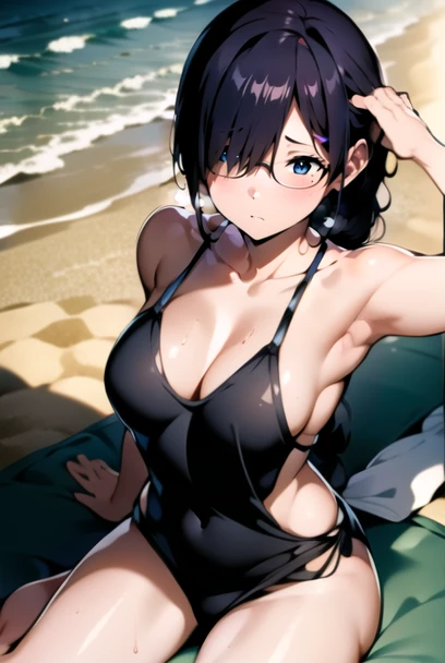 masterpiece, best quality, official art, professional artwork, highres, lens flare, (vibrant_color:1.2), chl1, <lora:Kaho_Juumonjiv2-10:0.9>, 1girl, solo, long hair, blue eyes, looking at viewer, black hair, hair ornament, braid, glasses, one hairclip, ((locks over her left eye:1.1, hair over her left eye:1.2)), (mole, mole under her right eye:1.1), sitting on a towel, arm at side, playing with her hair, medium breasts, armpits, collarbone (expressionless:1.3), sand, beach, waves, ocean behind, wet body, sweaty body, beautiful detailed swimsuit, dress, dress swimsuit, one-piece swimsuit, blue swimsuit, extended legs, shy, blush, seductive, frontal view, looking from above, american plane