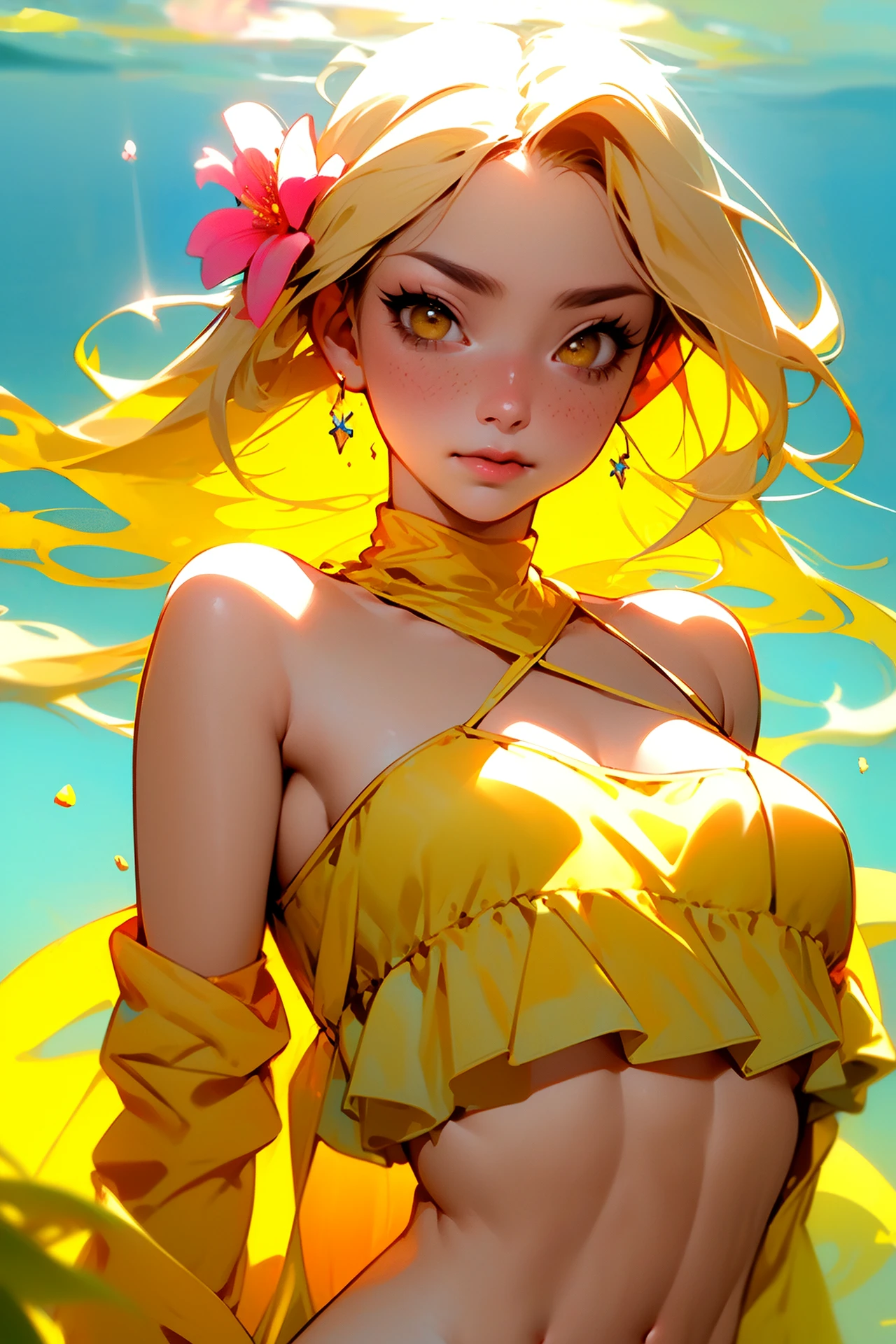 masterpiece,(masterpiece, top quality, best quality),(((yellow theme, ))),(((glowing))),light rays,light particles,1girl,solo,underwater,yellow hair,swimming,yellow bikini,air bubble,lips,swimsuit,looking at viewer,flower,water,long hair,bare shoulders,hair flower,bubble,partially submerged,strapless,closed mouth,hair ornament,bikini,upper body,brown eyes,submerged,