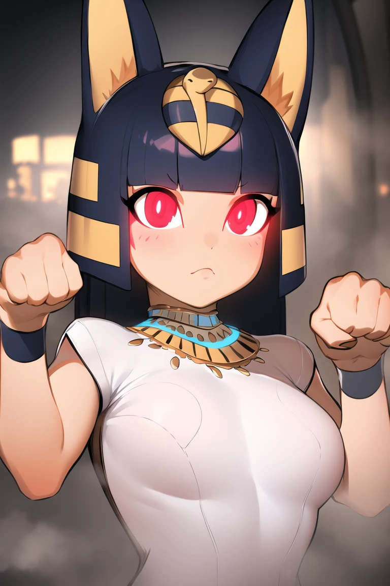masterpiece, excessive fog, glowing markings, glowing eyes, prefect anatomy , <lora:ankhaAnimalCrossing_v1:0.8>, ankha, 1girl, solo, colored skin,animal ears, paw pose, white dress, masterpiece, realistic, <lora:IlyakuvshinovArtistST2-20:0.8>, ilyast2