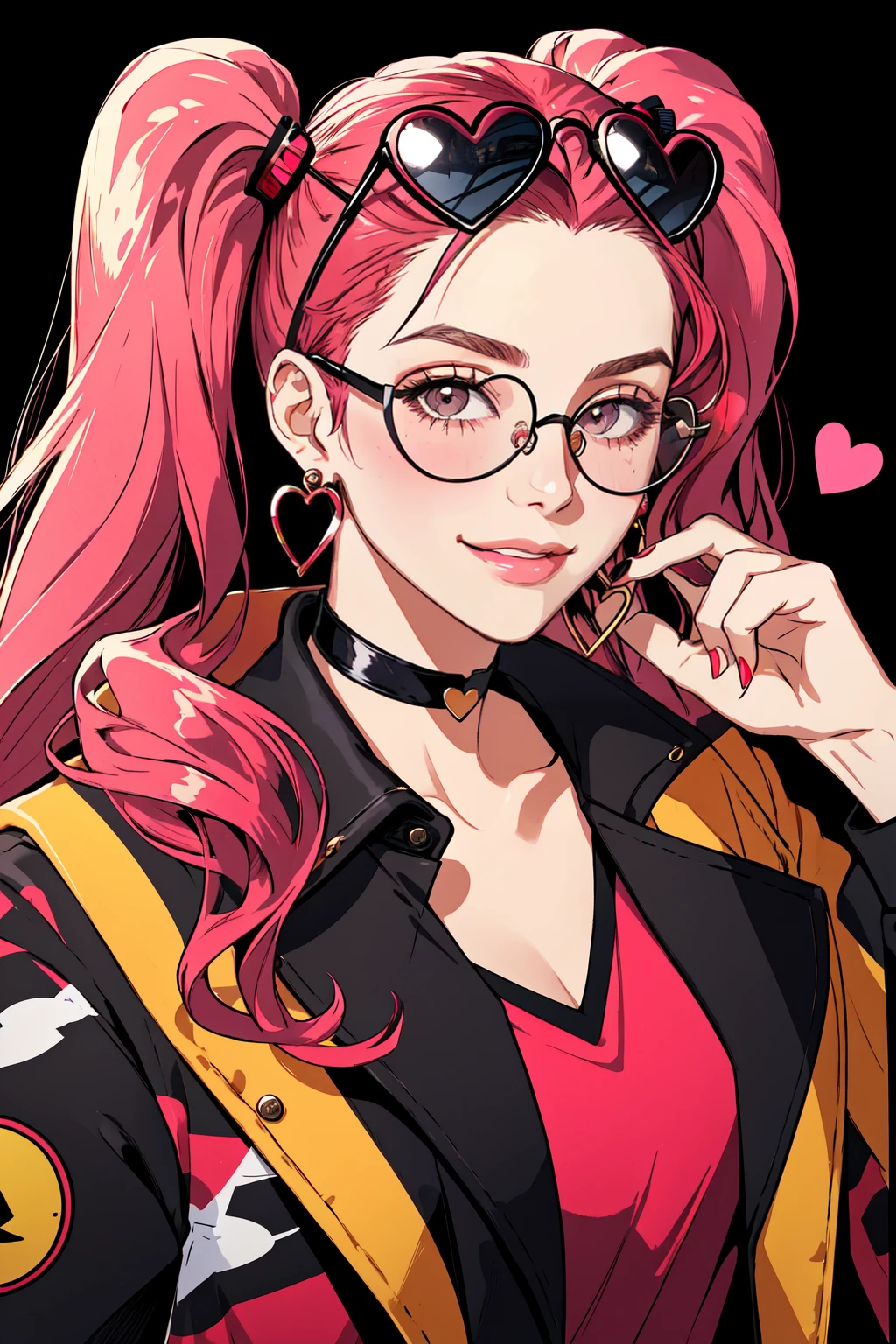 masterpiece, best quality, choker, Kitch, Transgender Female, heart, glasses, earrings, looking at viewer, jacket, :3, jewelry, upper body, heart-shaped eyewear, eyewear on head, shirt, portrait, animal print, smile, twintails, black background, red jacket, blush, hoop earrings, sunglasses ,