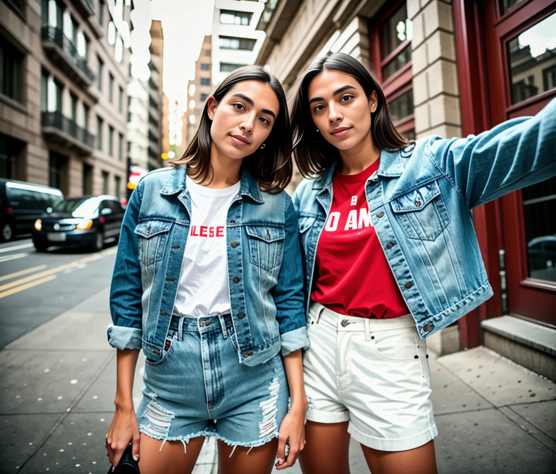 RAW photo, (masterpiece), best quality, extremely detailed,two women, couple, sharp, studio quality, jean jacket, red shorts, outside, standing, evening, buildings,(outside in the city), standing, evening, sidewalk,  (looking at viewer), 8k uhd, soft lighting, high quality, film grain, (full body portrait), (pov view), (armoutstretched:1.2), personal, intimate, self-portrait photography,   <lyco:selfiearm_v2_lycoris_7:0.75>