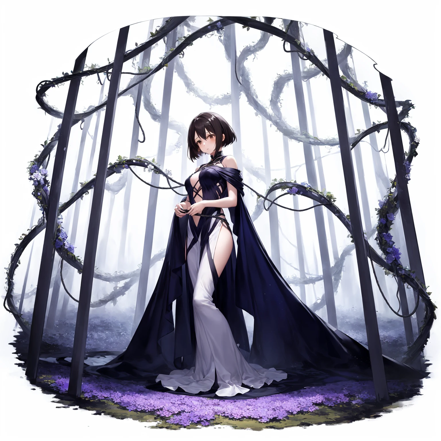 [(white background:1.15), ::2]1girl, solo, mid shot, full body,
<lora:GachaSplashAlter:1> 
(best quality, masterpiece), (1girl, solo, brown eyes, black hair, short curved bob, small breasts),wariza,
(enchanting forest mage dressed in a gown made of intertwining vines and blooming flowers), (despair:1.3),
(limited pallete),(perfect composition),(heavy Monochrome:0.9),