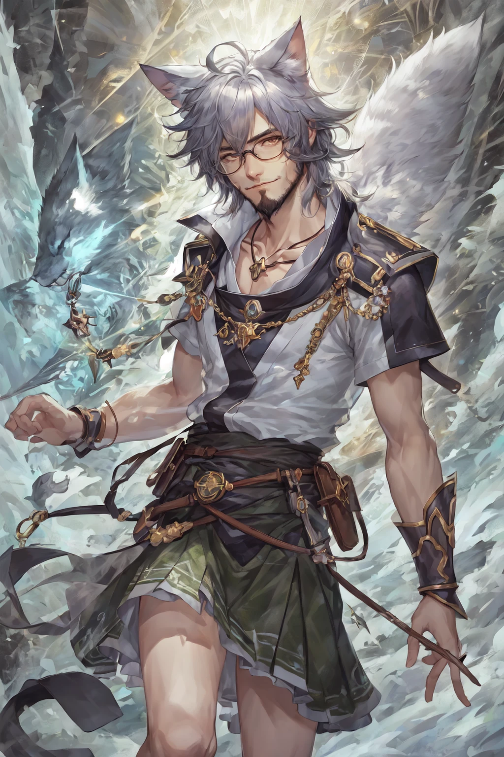 (masterpiece, best_quality, ultra-detailed, immaculate:1.3), epic, illustration, render, volumetric lighting, welcoming, see-through gossamer, in Japan,1boy, animal ears,beard, cat ear, animal ears,facial hair, brown eyes, bare chested, kilt, black hair, shiny skin, detailed eyes, glasses, eyewear, wild hair, necklace, male focus, solo, dynamic angle, rule of thirds , wind swept hair, celtic background