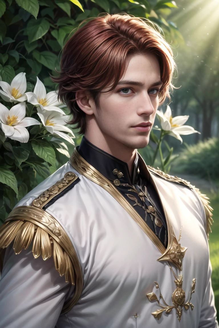 masterpiece, best quality, (absurdres, highres, ultra detailed), 1 male, adult, handsome, tall muscular guy, broad shoulders, finely detailed eyes and detailed face, red hair, green eyes, handsome, suit, fantasy, uniform, royal, Forest, flowers blooming brightly-bloomed flowers, Sunlight, Fantastic light and shadow, Scenery, portrait,<lora:more_details:0.6>,