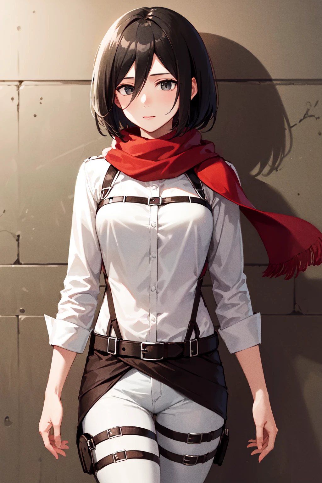 masterpiece, best quality, highres, hmmikasa, short hair, black eyes, scarf, belt, thigh strap, red scarf, white pants, white shirt, <lora:mikasa_ackerman_v1:0.7>, standing, cowboy shot,