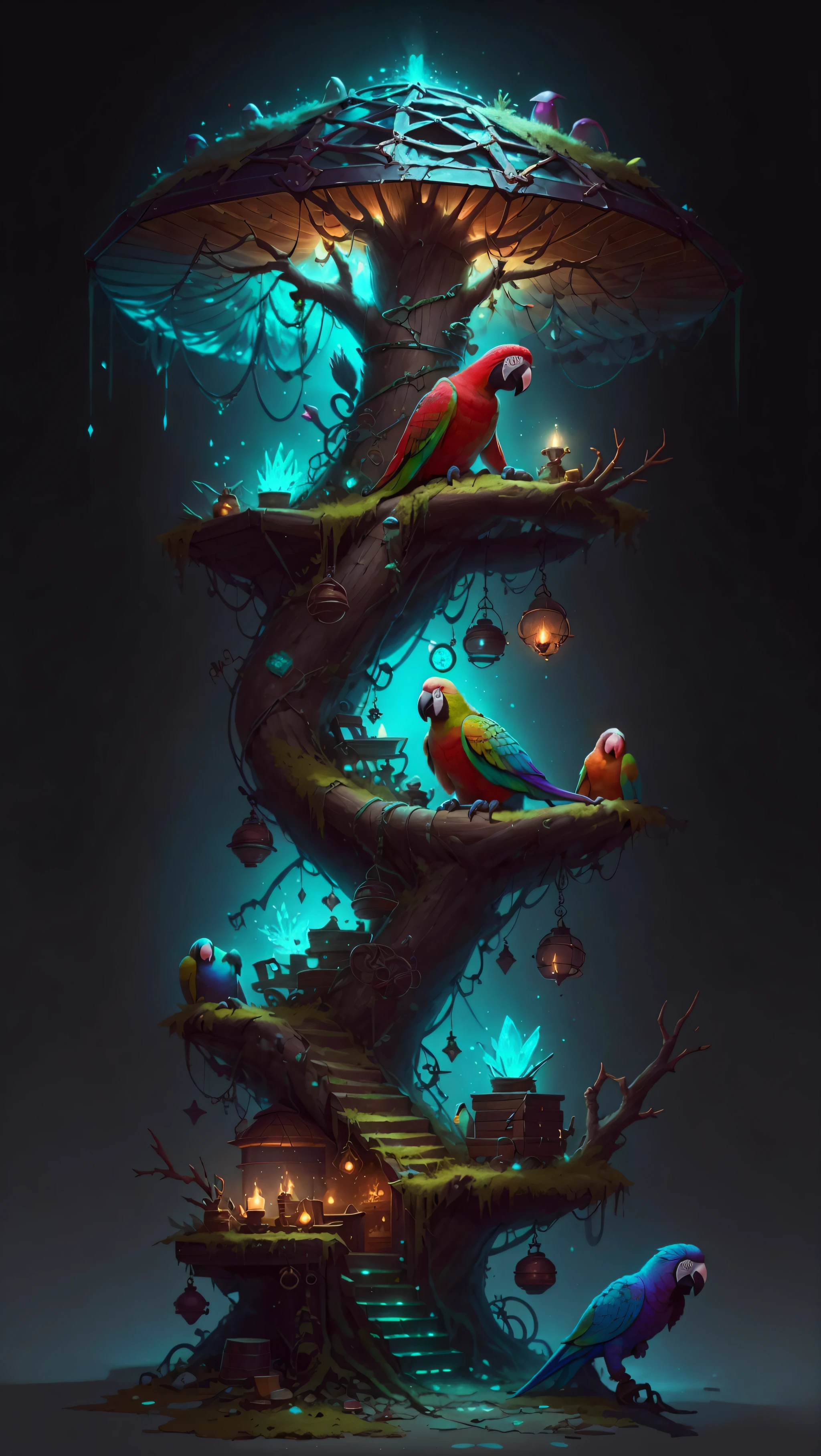 <lora:DruidMagicAI:.9> DruidMagicAI forest, (mushroom:.8), dark, colorful ((parrot)) perched inside a ((rusty)) cage