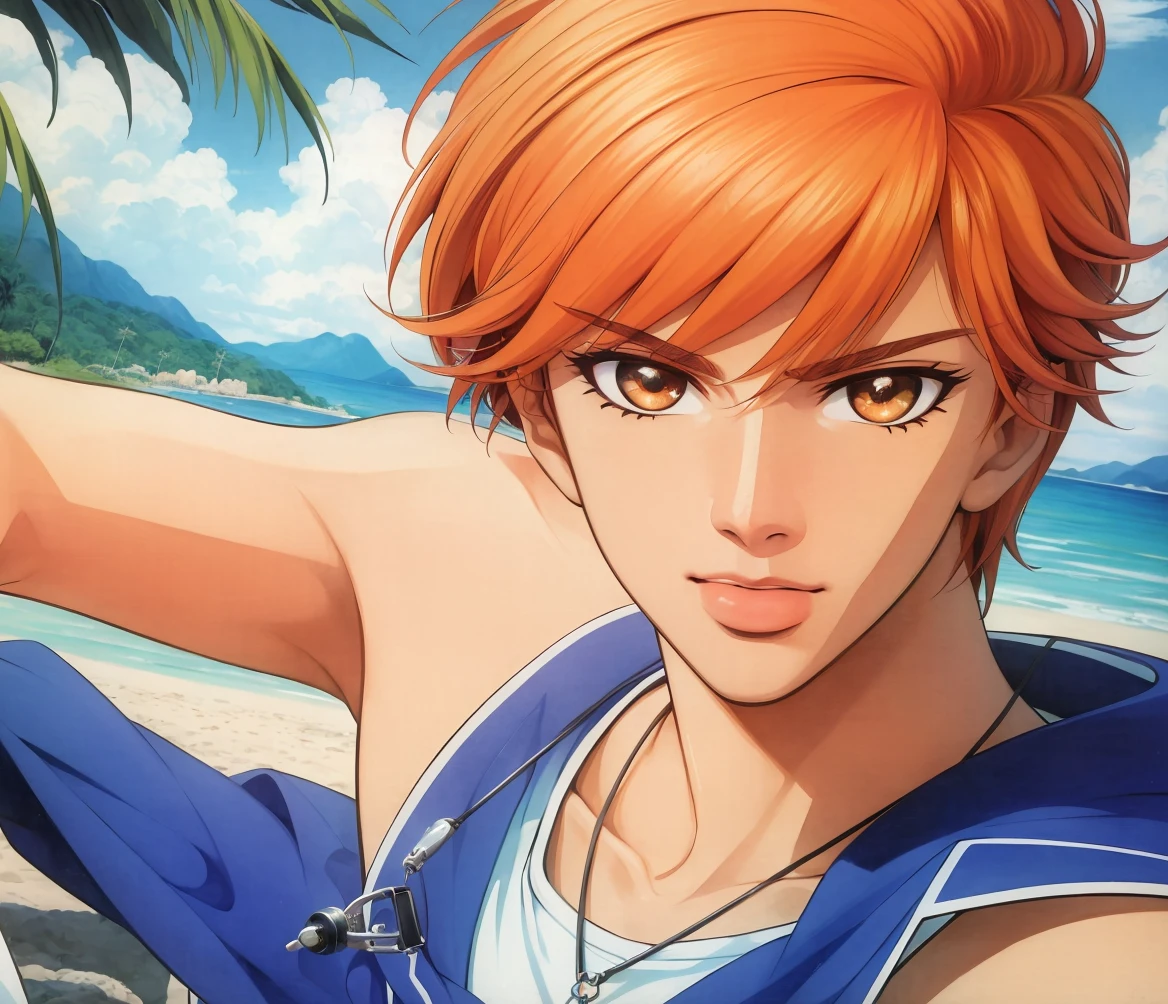 (Masterpiece, Best Quality:1.3), absurdres, (8k resolution), (Traditional Media:1.2), retro artstyle, Manga, illustration, cover, dynamic pose, <lora:TENMA:0.8>, tenma, (male focus), (solo), cowboy shot, looking at viewer, necklace, tank top, bangle, sitting, beach, tropical, clothes around waist, capri pants, orange hair, orange eyes, (detailed face, detailed eyes:1.2), sneakers, wind lift, sharp focus, (details:1.2), (depth of field), high quality, dynamic, graphite \(medium\), watercolor \(medium\)
