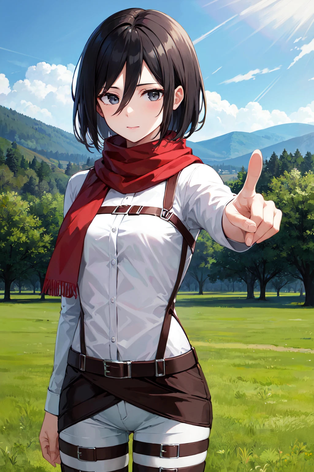 masterpiece, best quality, highres, hmmikasa, short hair, black eyes, scarf, belt, thigh strap, red scarf, white pants, white shirt, <lora:mikasa_ackerman_v1:0.7>, outdoors, pointing,