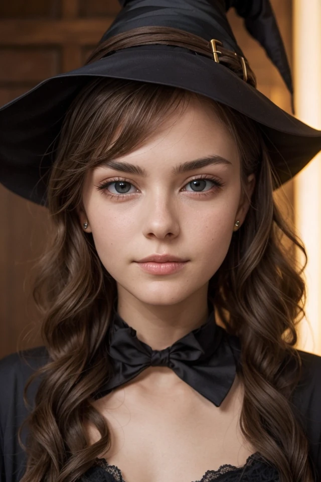 european girl,cute and beautiful face, brown hair, wavy hair, witch, sharp focus,dim lighting