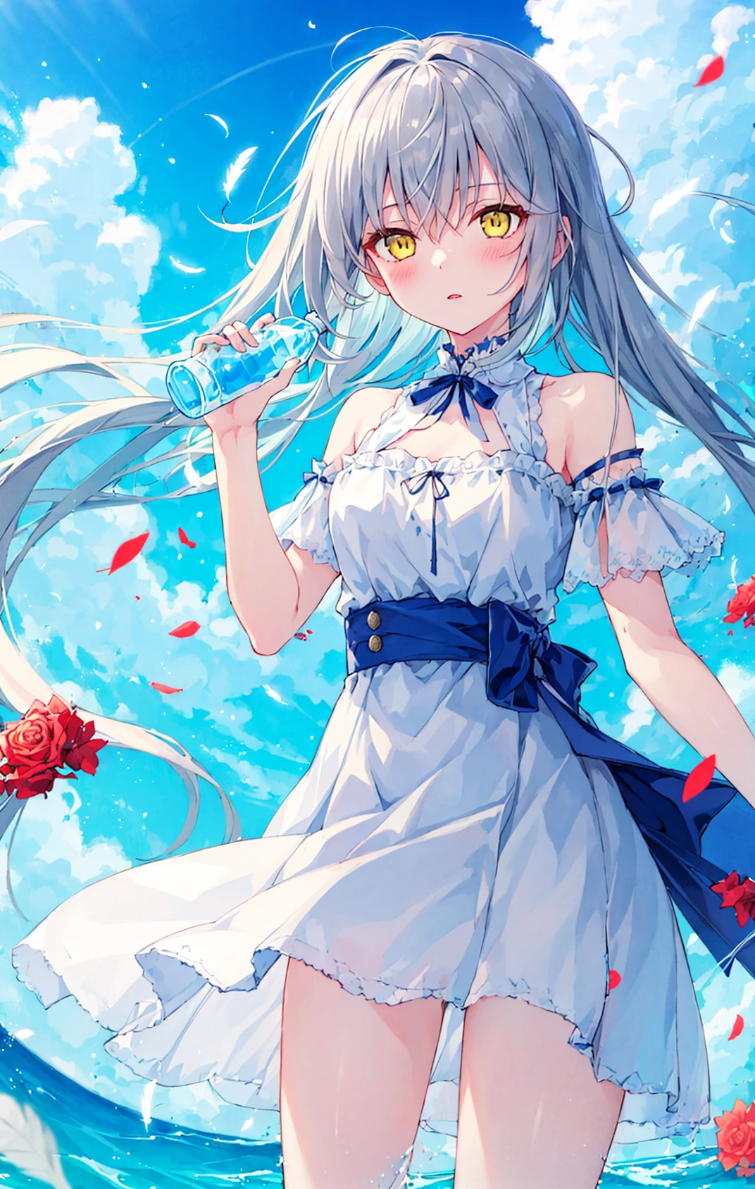 1girl, bangs, bare_shoulders, blue_sky, blush, bottle, cloud, cloudy_sky, condensation_trail, confetti, day, dress, eyebrows_visible_through_hair, falling_petals, feathers, floating_hair, gradient_sky, hair_between_eyes, hair_ribbon, holding, holding_bottle, leaves_in_wind, long_hair, looking_at_viewer, off-shoulder_dress, off_shoulder, outdoors, parted_lips, petals, ribbon, rose_petals, silver_hair, sky, solo, standing, two_side_up, very_long_hair, water_bottle, white_dress, wind, wind_lift, yellow_eyes
<lora:style_rurudo:1>