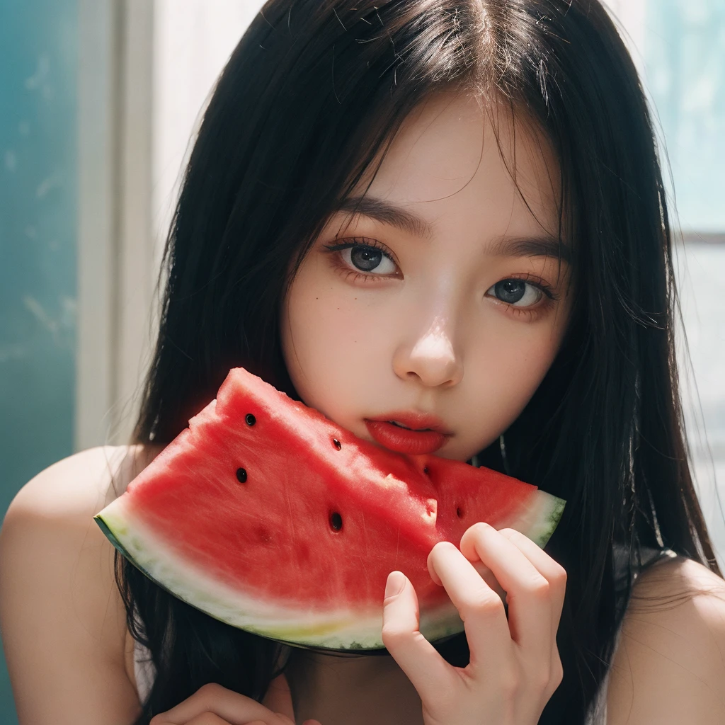 Best quality,masterpiece,ultra high res,raw photo,unity 8k wallpaper, 1 girl, eating watermelon, summer, film color, (film overlay:1.2), (faded overlay:1.5), <lora:JPfilmColor-000002:0.45>, (film poster:1.2)