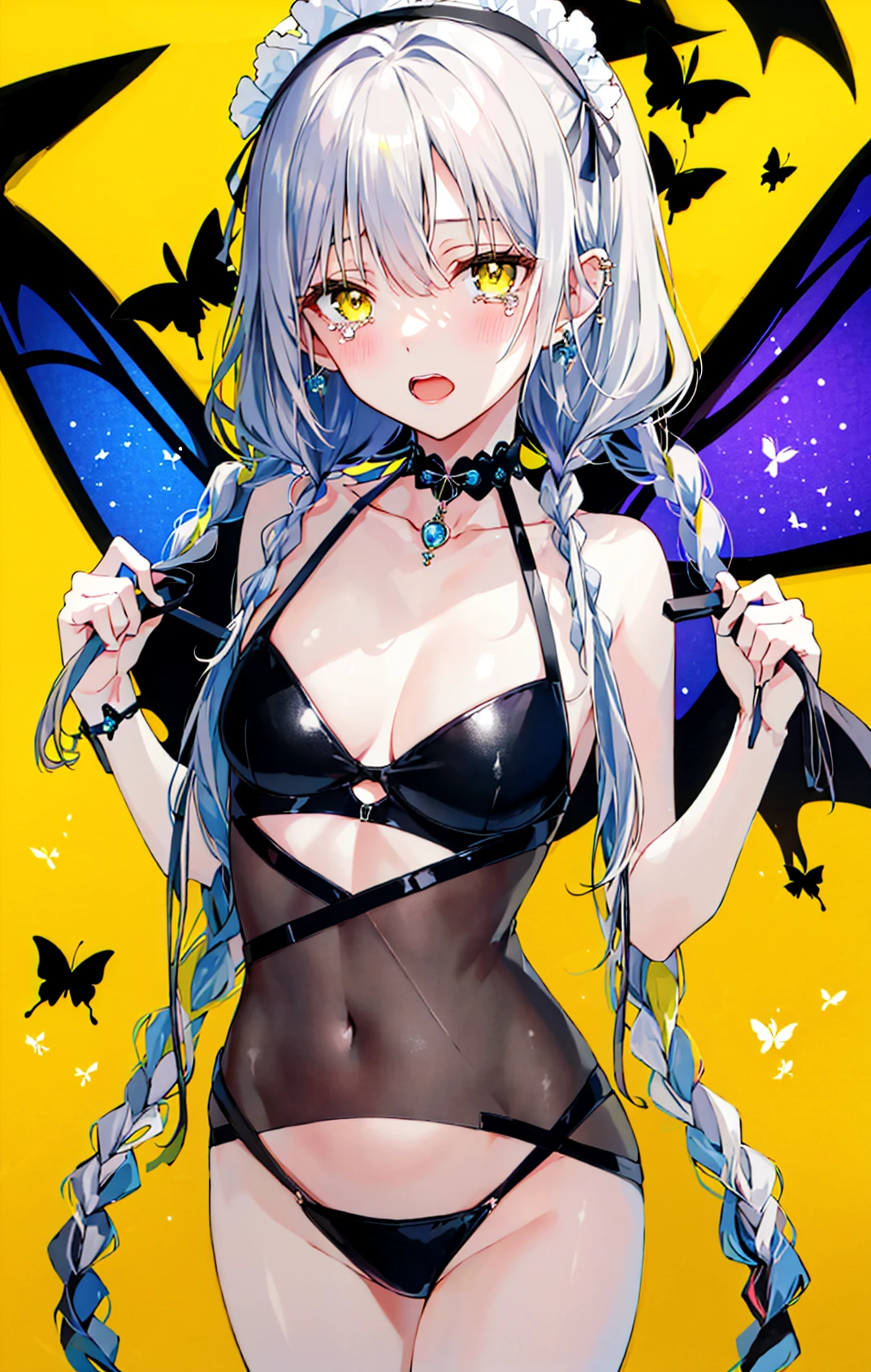 1girl, alternate_costume, bangs, bare_shoulders, bat, bikini, bikini_top, black_bikini, black_bow, blush, bow, braid, breasts, bug, butterfly, caution_tape, earrings, field, full_moon, ginkgo_leaf, gradient, gradient_background, hair_between_eyes, hair_bow, jewelry, lemon, long_hair, looking_at_viewer, maid_headdress, moon, multicolored_background, open_mouth, otoko_no_ko, piercing, rainbow_background, ribbon, side_braid, silver_hair, single_braid, solo, squiggle, sun, sunflower, swimsuit, tatami, tearing_up, tears, twin_braids, twintails, two-tone_background, upper_body, very_long_hair, yellow_background, yellow_butterfly, yellow_eyes, yellow_sky, yellow_theme
<lora:style_rurudo:1>