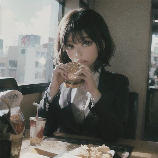 best quality, ultra high res, photorealistic, masterpiece, 1girl, <lora:pisceus:1>, pisceus, <lora:borger-nvwls-v4:1>, pov across table, diner, sunlight, (borgar, business suit:1.4), short hair,